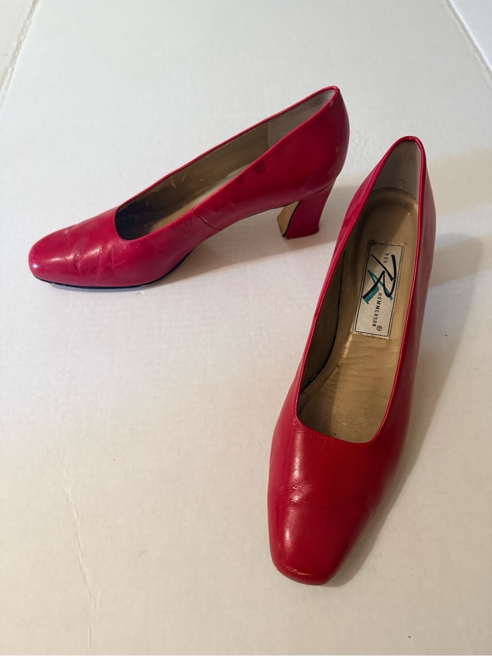 Red Leather Classic Pump Square Toe Heels by Ross Hommerson